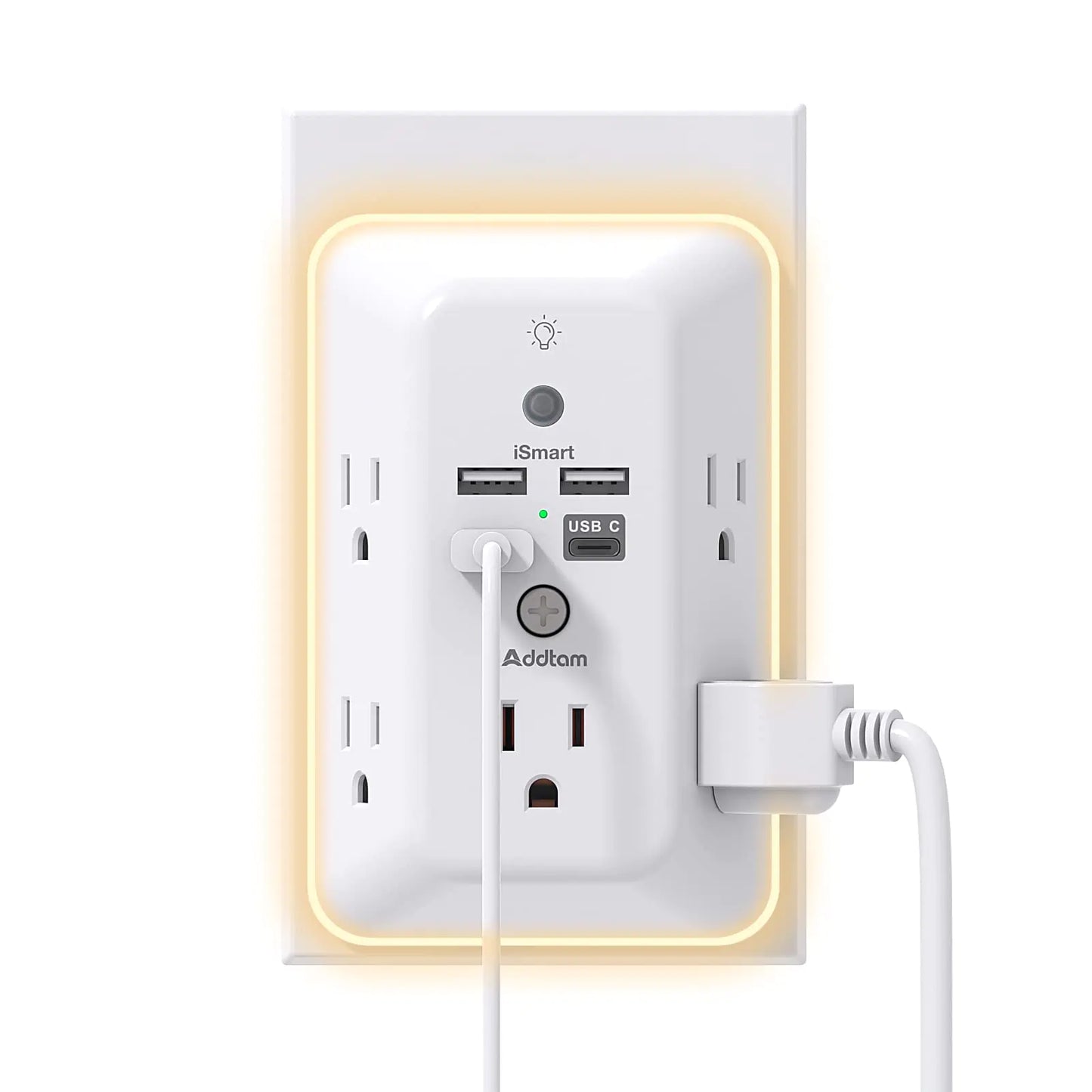 Surge Protector Outlet Extender with Night Light Addtam 5-Outlet Splitter and 4 USB Ports(1 USB C) Multi Plug Wall Outlet for Home Office Dorm Room Essentials