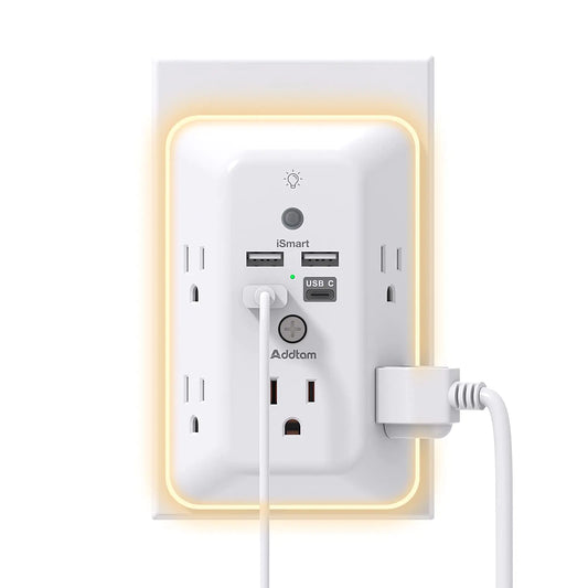Surge Protector Outlet Extender with Night Light Addtam 5-Outlet Splitter and 4 USB Ports(1 USB C) Multi Plug Wall Outlet for Home Office Dorm Room Essentials